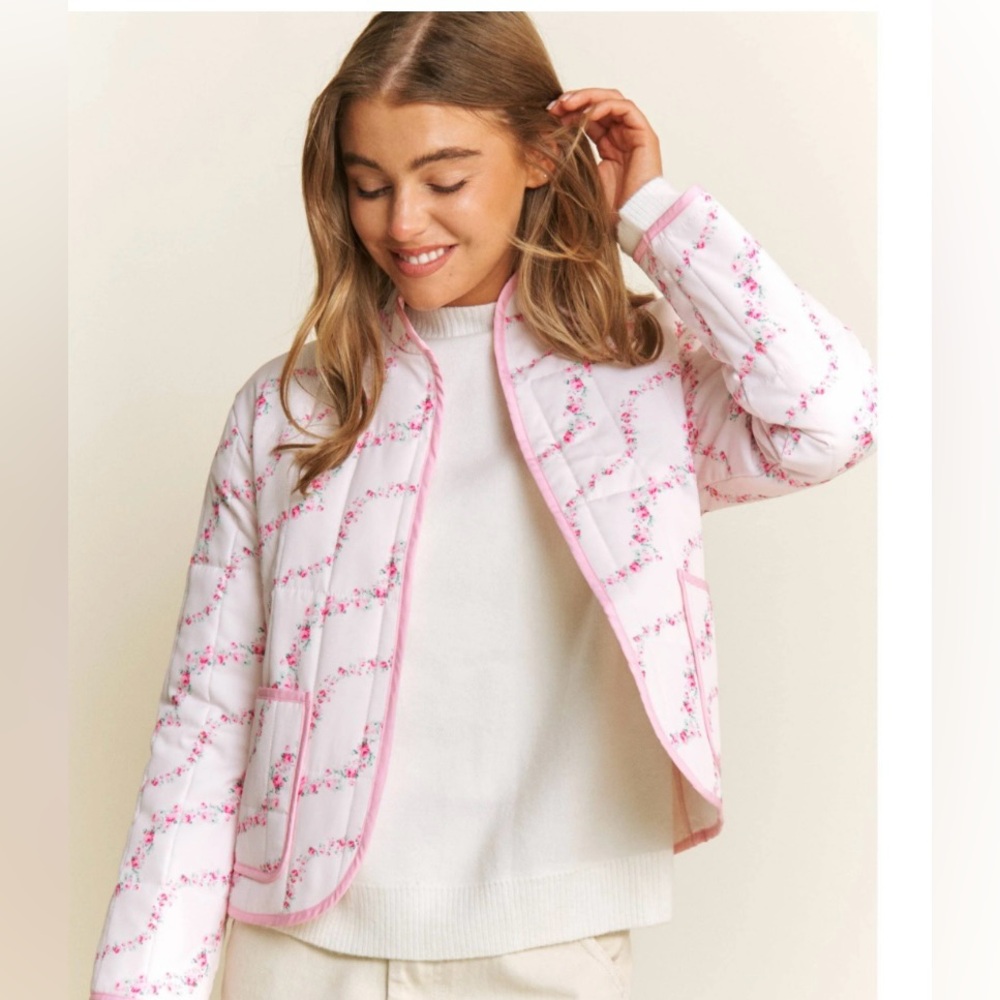 Pink and White Floral Quilted Jacket